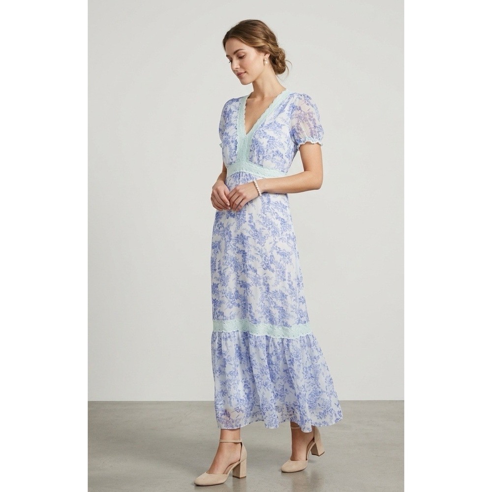 Taylor Tiered Dress Pastel Blue Floral Toile Maxi Long Flowey Peasant 14 Large